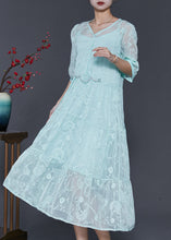 Load image into Gallery viewer, Beautiful Blue Embroidered Silk Long Dress Half Sleeve