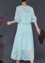 Load image into Gallery viewer, Beautiful Blue Embroidered Silk Long Dress Half Sleeve