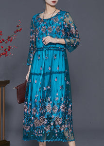 Beautiful Blue Embroidered Tulle Cinched Dresses Summer