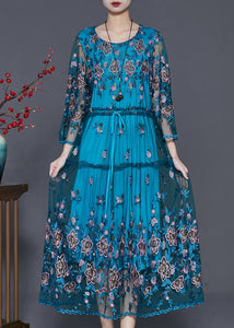 Beautiful Blue Embroidered Tulle Cinched Dresses Summer