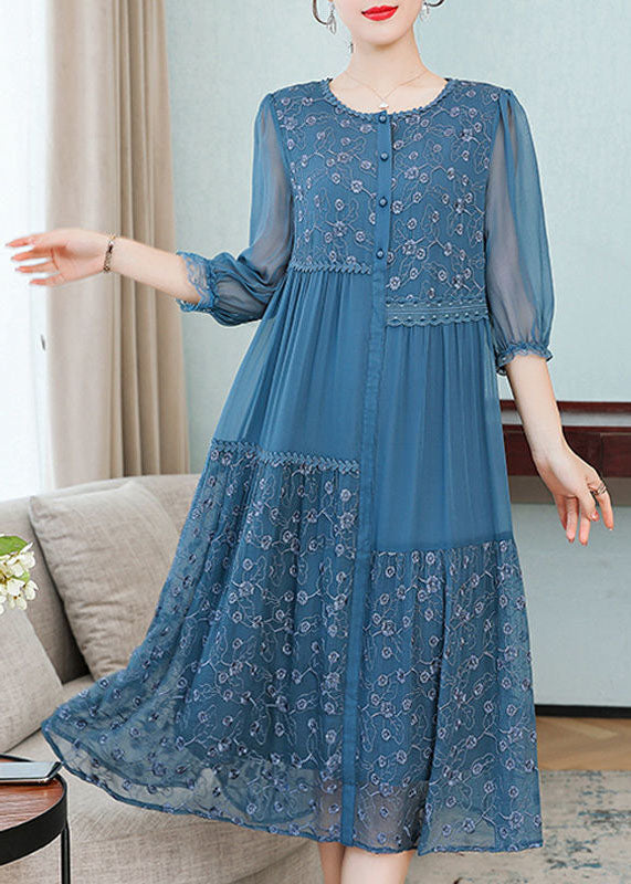 Beautiful Blue Embroidered Patchwork Silk Dresses Spring