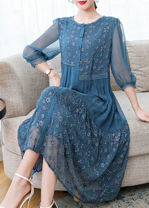 Beautiful Blue Embroidered Patchwork Silk Dresses Spring