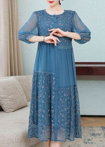 Beautiful Blue Embroidered Patchwork Silk Dresses Spring