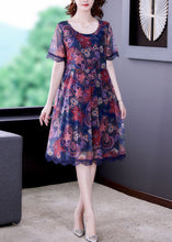 Load image into Gallery viewer, Beautiful Blue O Neck Print Patchwork Tulle Dresses Summer