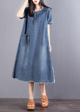 Load image into Gallery viewer, Beautiful Blue Pockets Button Fall Denim Short Sleeve Party Dress