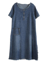 Load image into Gallery viewer, Beautiful Blue Pockets Button Fall Denim Short Sleeve Party Dress