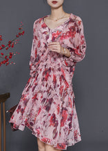 Load image into Gallery viewer, Beautiful Brick Red Print Chiffon Vacation Dress Lantern Sleeve