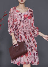 Load image into Gallery viewer, Beautiful Brick Red Print Chiffon Vacation Dress Lantern Sleeve