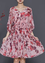 Load image into Gallery viewer, Beautiful Brick Red Print Chiffon Vacation Dress Lantern Sleeve