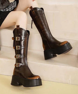 Beautiful Brown Splicing Zipper Chunky Heel Boots