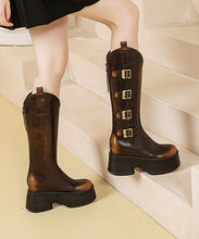 Load image into Gallery viewer, Beautiful Brown Splicing Zipper Chunky Heel Boots