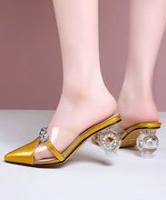 Load image into Gallery viewer, Beautiful Crystal Chunky Heel Yellow Zircon Faux Leather Slide Sandals