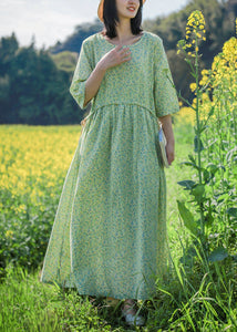 Beautiful Green O Neck Print Lace Up Cotton Dresses Half Sleeve