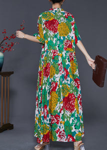 Beautiful Green Print Chinese Button Cotton Long Dresses Summer