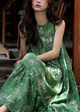 Load image into Gallery viewer, Beautiful Green Print Wrinkled Silk Cotton Dress Sleeveless