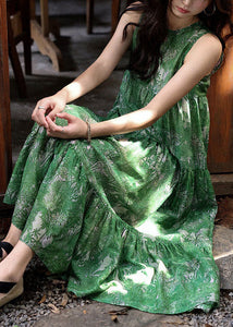 Beautiful Green Print Wrinkled Silk Cotton Dress Sleeveless