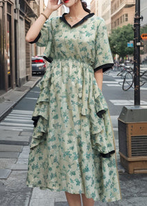 Beautiful Green Ruffled Pockets Cotton Dresses Summer