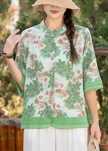 Load image into Gallery viewer, Beautiful Green Stand Collar Print Linen Shirt Top Half Sleeve