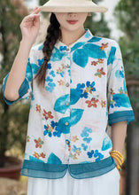 Load image into Gallery viewer, Beautiful Green Stand Collar Print Linen Shirt Top Half Sleeve