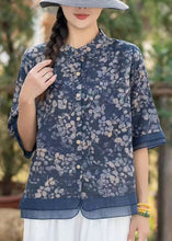 Load image into Gallery viewer, Beautiful Green Stand Collar Print Linen Shirt Top Half Sleeve