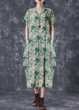 Load image into Gallery viewer, Beautiful Green V Neck Print Linen Robe Dresses Summer