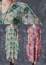 Load image into Gallery viewer, Beautiful Green V Neck Print Linen Robe Dresses Summer