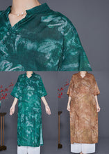 Load image into Gallery viewer, Beautiful Green V Neck Tie Dye Linen Long Dress Summer