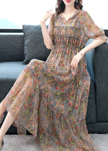 Load image into Gallery viewer, Beautiful Grey Ruffled Print Patchwork Silk Long Dresses Summer