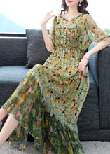 Load image into Gallery viewer, Beautiful Grey Ruffled Print Patchwork Silk Long Dresses Summer