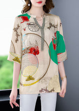 Load image into Gallery viewer, Beautiful Khaki V Neck Print Patchwork Silk Shirts Tops Bracelet Sleeve