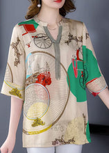 Load image into Gallery viewer, Beautiful Khaki V Neck Print Patchwork Silk Shirts Tops Bracelet Sleeve