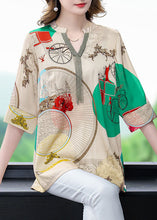 Load image into Gallery viewer, Beautiful Khaki V Neck Print Patchwork Silk Shirts Tops Bracelet Sleeve