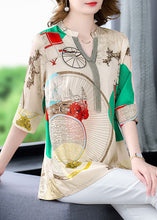 Load image into Gallery viewer, Beautiful Khaki V Neck Print Patchwork Silk Shirts Tops Bracelet Sleeve