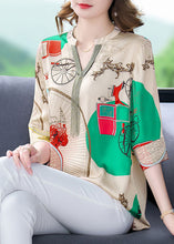 Load image into Gallery viewer, Beautiful Khaki V Neck Print Patchwork Silk Shirts Tops Bracelet Sleeve