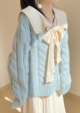 Load image into Gallery viewer, Beautiful Light Blue Bow Collar Cozy Knit Sweater Tops Winter