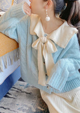 Load image into Gallery viewer, Beautiful Light Blue Bow Collar Cozy Knit Sweater Tops Winter