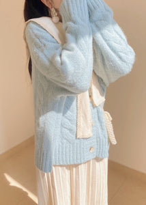 Beautiful Light Blue Bow Collar Cozy Knit Sweater Tops Winter