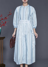 Load image into Gallery viewer, Beautiful Light Blue Striped Patchwork Lace Cotton Dresses Spring