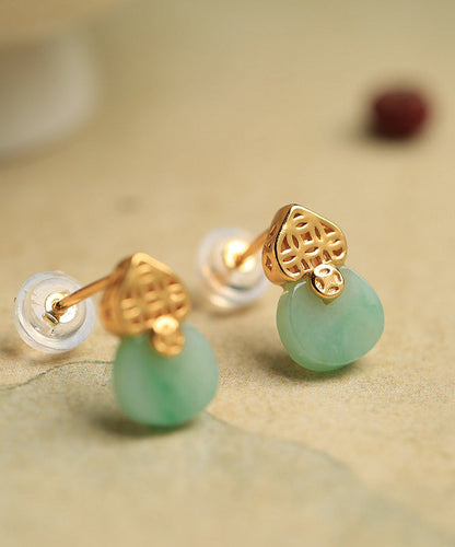 Beautiful Light Green Sterling Silver Overgild Jade Stud Earrings