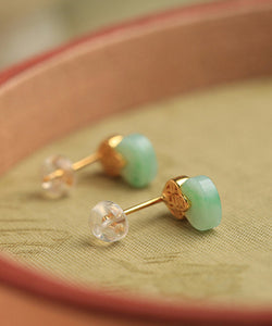 Beautiful Light Green Sterling Silver Overgild Jade Stud Earrings