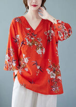 Load image into Gallery viewer, Beautiful Loose Red V Neck Print Cotton Top Summer