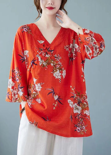 Beautiful Loose Red V Neck Print Cotton Top Summer