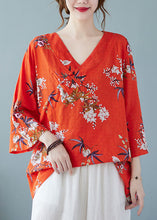 Load image into Gallery viewer, Beautiful Loose Red V Neck Print Cotton Top Summer