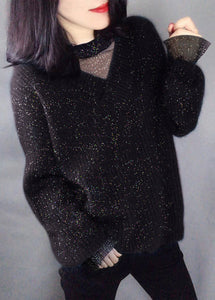 Beautiful Navy Sequins Hollow Out Knit Sweaters Winter