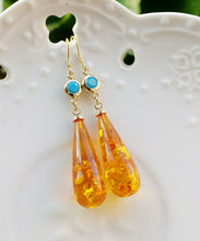 Load image into Gallery viewer, Beautiful Orange Amber Water Drop Drop Earrings