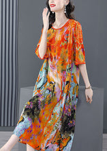 Load image into Gallery viewer, Beautiful Orange O-Neck Oversized Print Silk Dress Half Sleeve