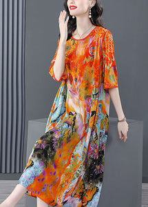 Beautiful Orange O-Neck Oversized Print Silk Dress Half Sleeve