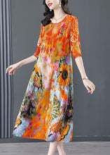 Load image into Gallery viewer, Beautiful Orange O-Neck Oversized Print Silk Dress Half Sleeve