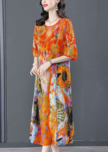 Load image into Gallery viewer, Beautiful Orange O-Neck Oversized Print Silk Dress Half Sleeve