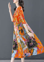 Load image into Gallery viewer, Beautiful Orange O-Neck Oversized Print Silk Dress Half Sleeve